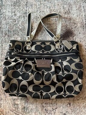 Coach Black and Silver Signature Shoulder Tote